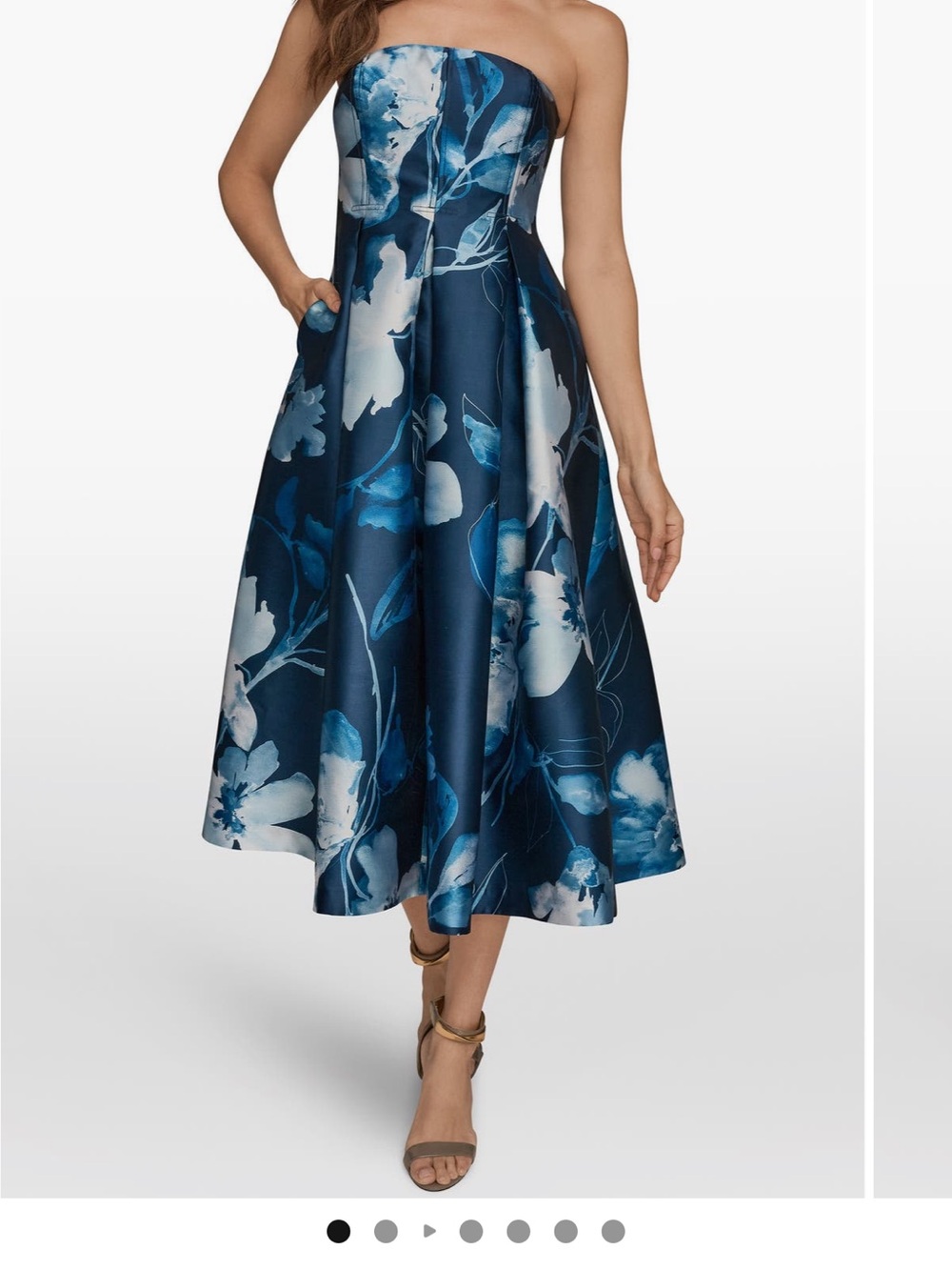 Donna Karan Strapless Navy and White Floral Midi Dress